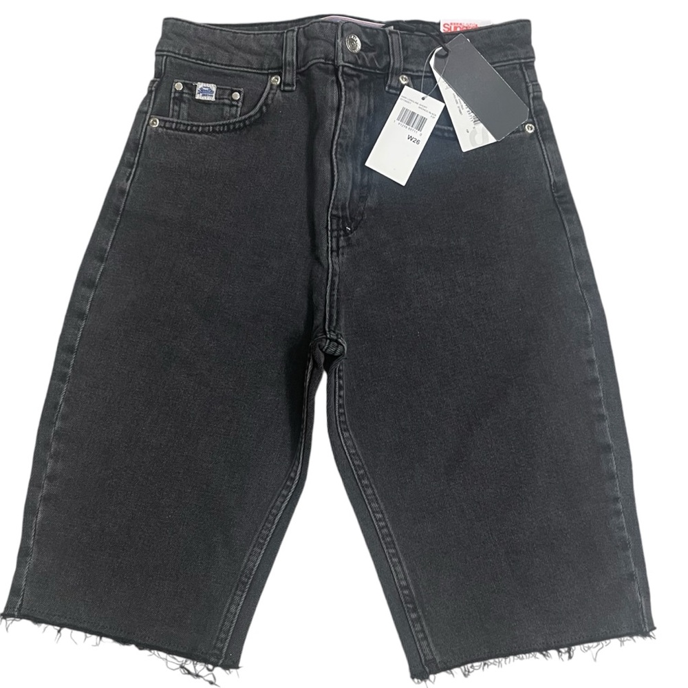 NWT Superdry Cut Off Denim Jean Kari‎ Longline Shorts 26 Coastline Black shorts